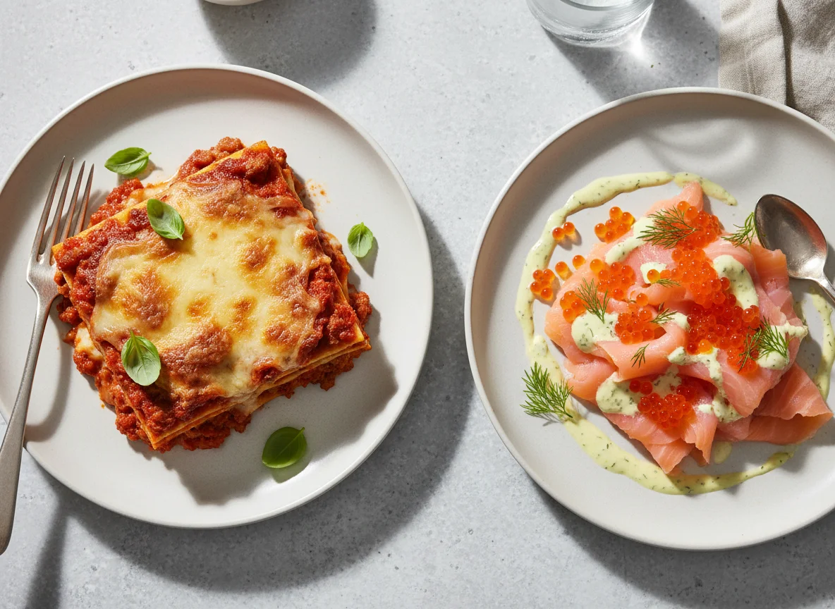 Lasagna and Smoked Salmon with Roe and Dressing photo