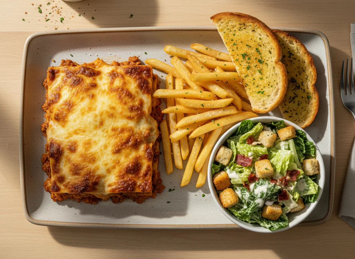 Lasagna, Fries, Salad, and Garlic Bread photo