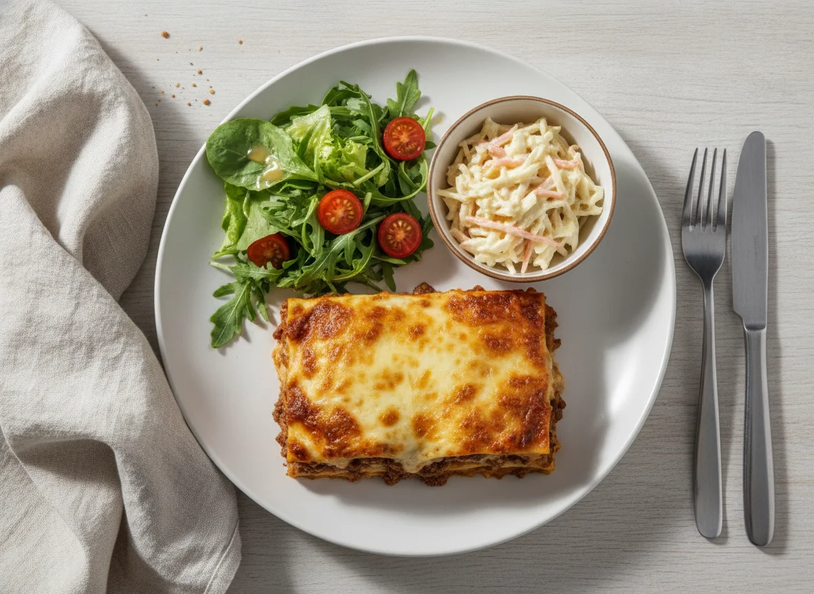 Lasagna with Coleslaw and Salad photo