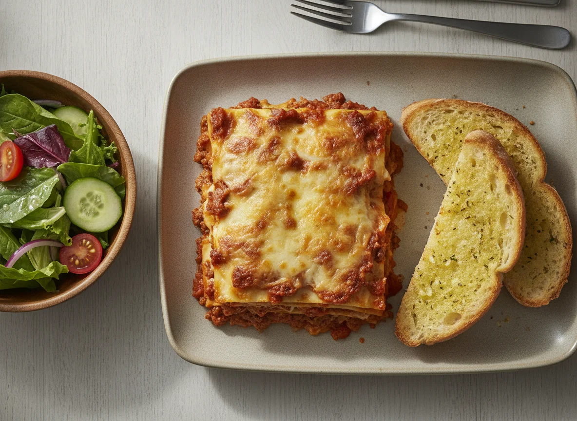 Lasagna with Garlic Bread and Mixed Salad photo