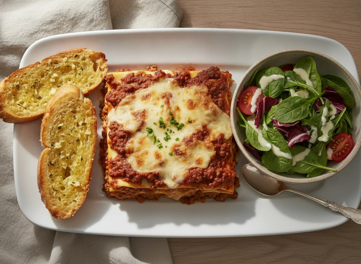 Lasagna with Garlic Bread and Side Salad photo
