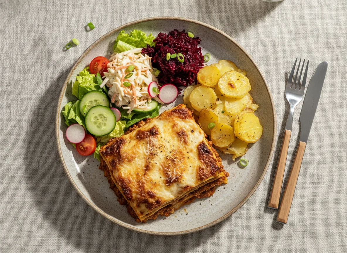 Lasagna with Potato Gratin and Mixed Salads photo