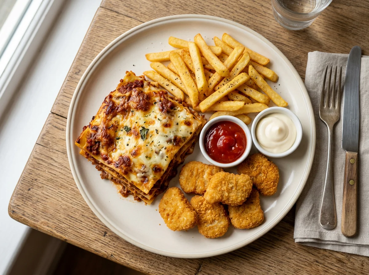 Lasagne, Chips, and Chicken Nuggets with Sauces photo