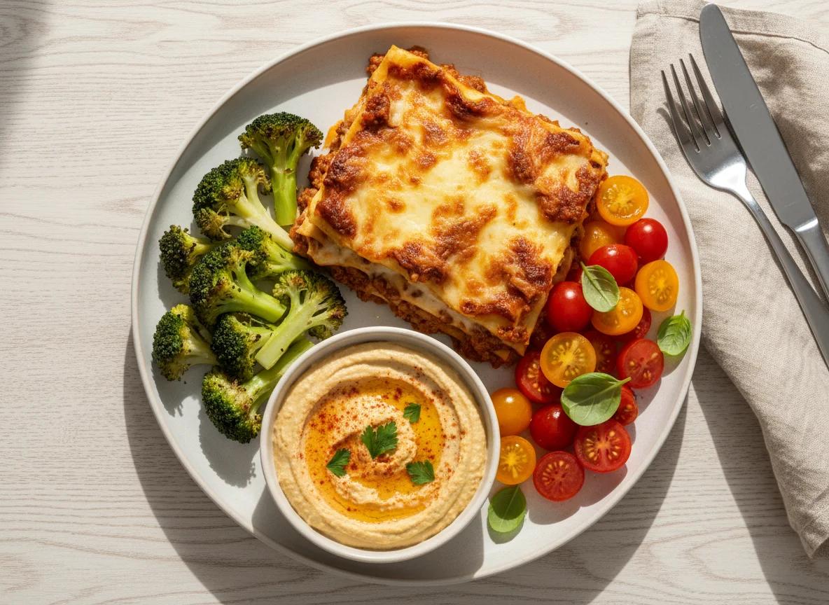 Lasagne with broccoli, cherry tomatoes and dip photo