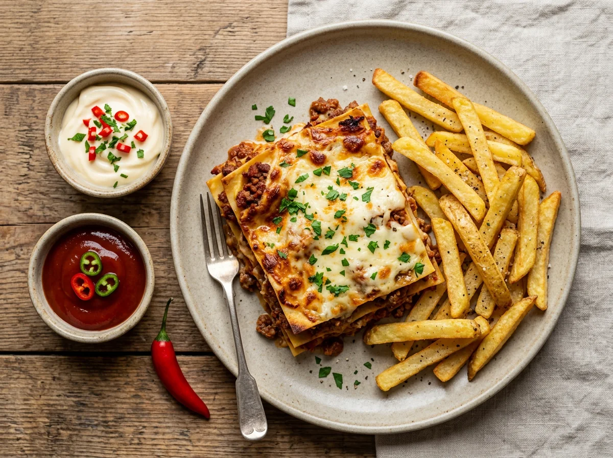 Lasagne with Chips and Sauces photo