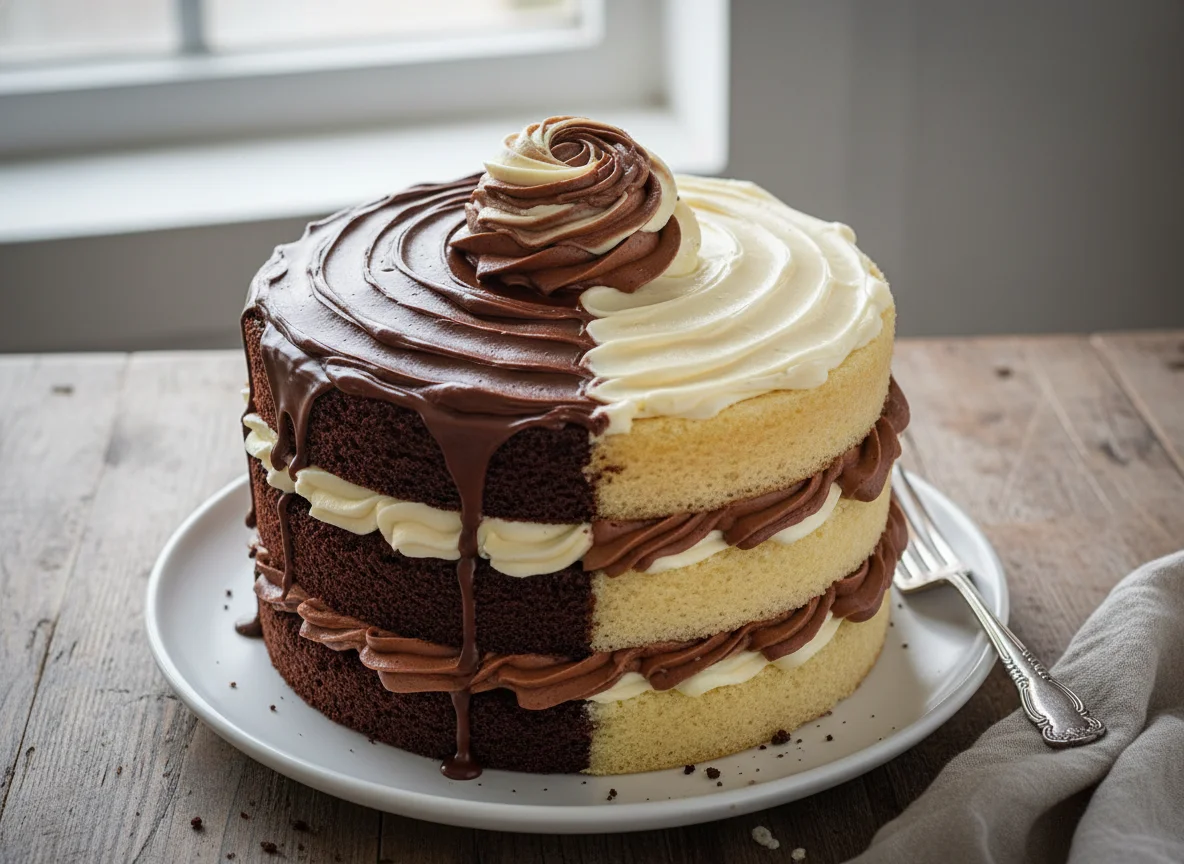 Layered Cake with Chocolate and Vanilla Frosting photo