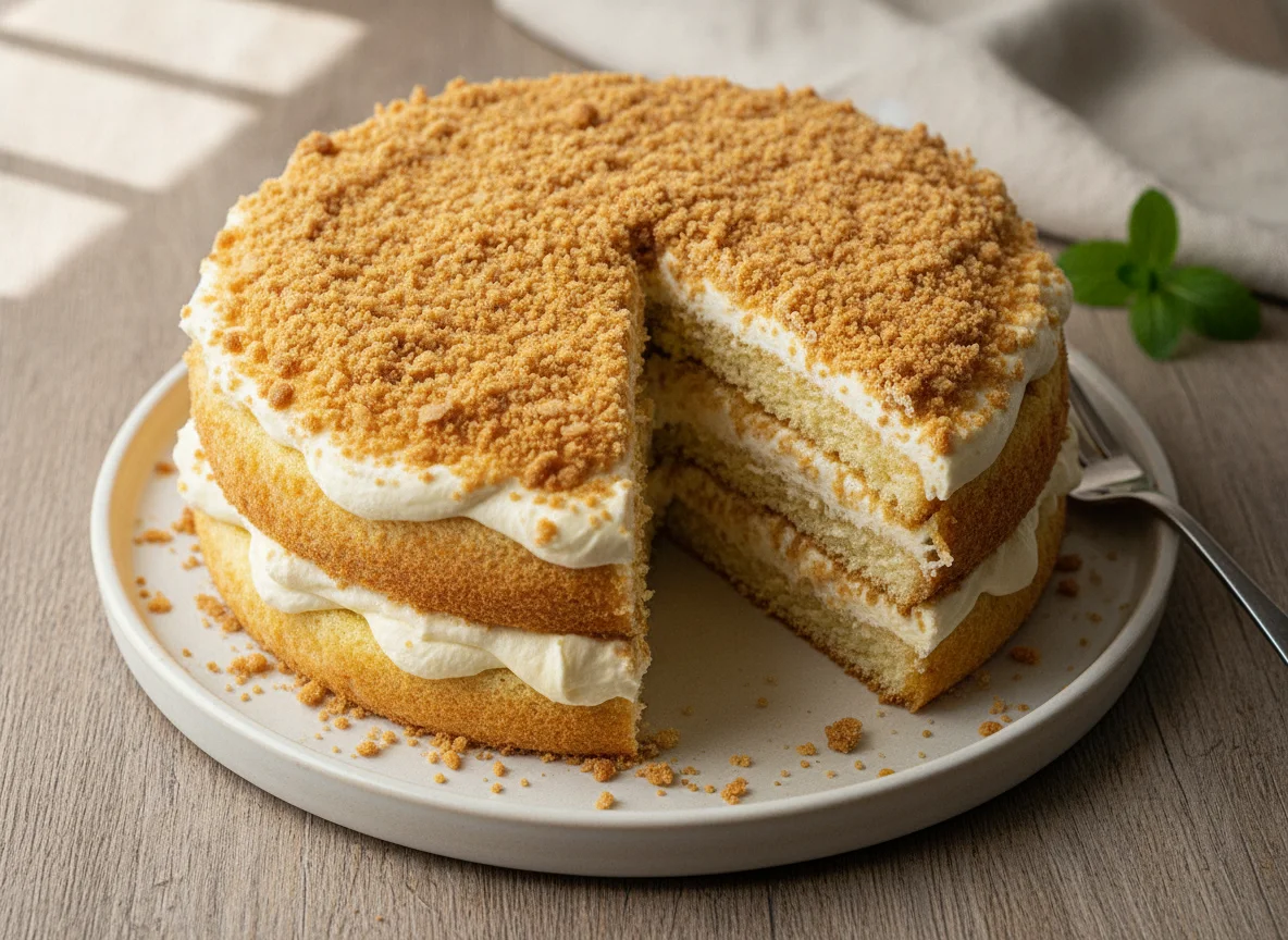 Layered Cream Cake with Crumb Topping photo