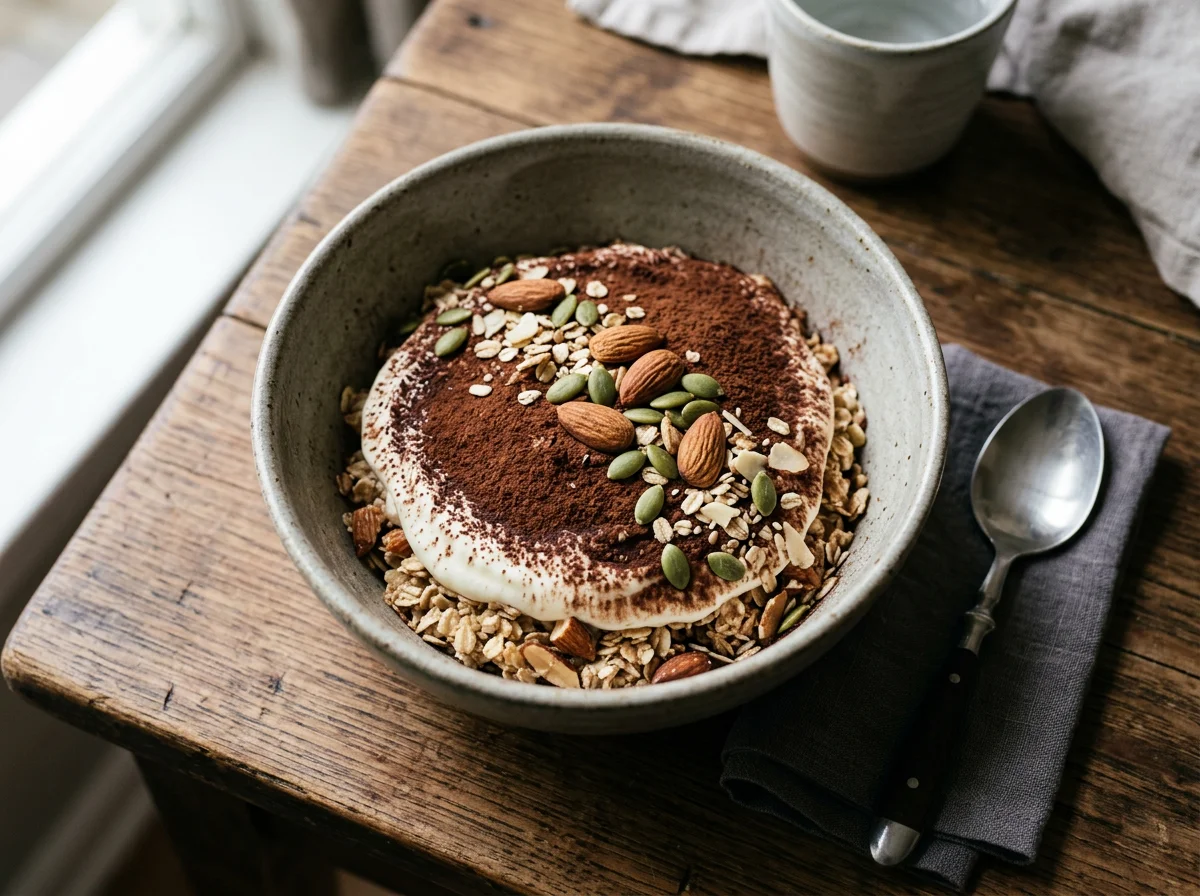 Layered dessert with almonds and pumpkin seeds photo