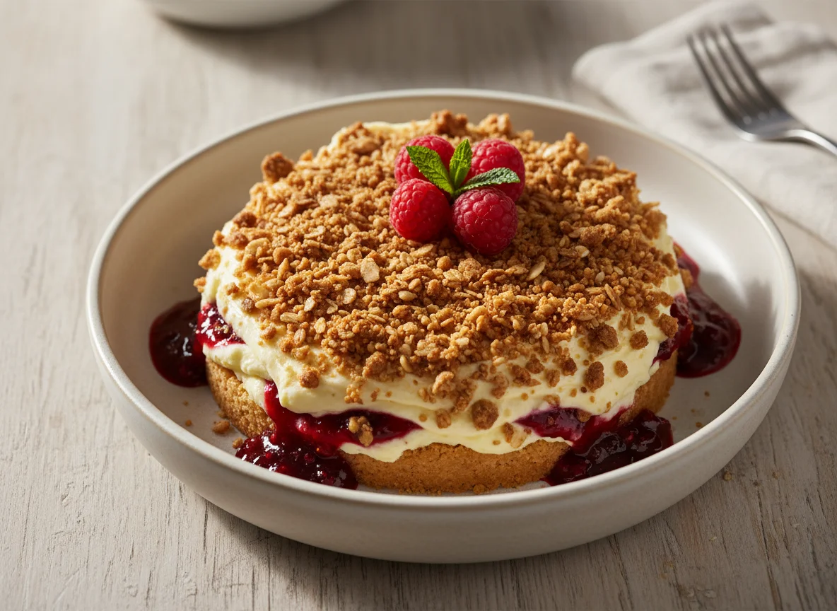Layered dessert with crumble topping photo
