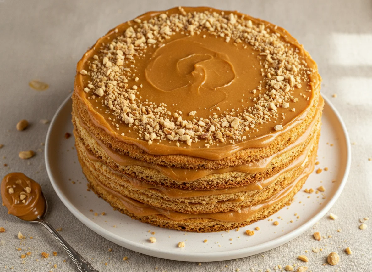 Layered Honey Cake with Caramel Cream and Nuts photo