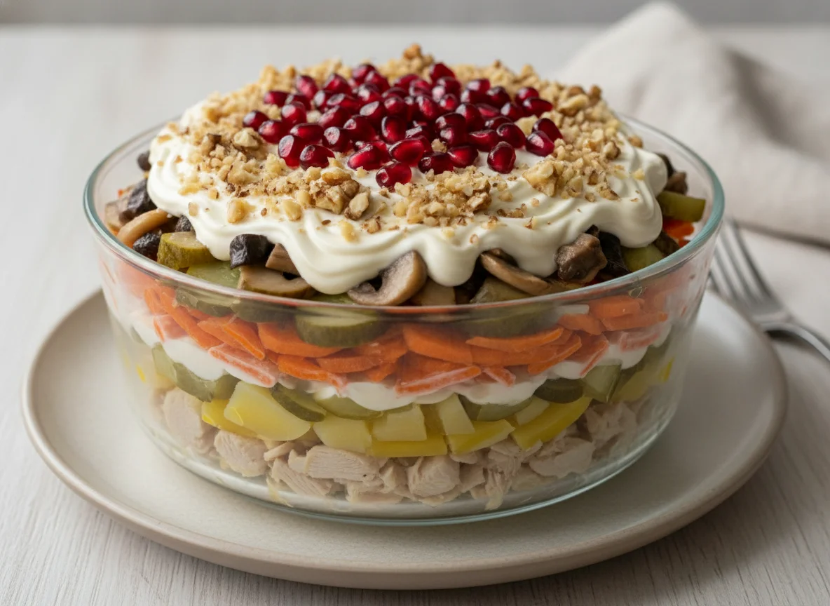 Layered salad with chicken and vegetables photo