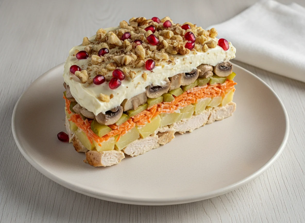 Layered salad with chicken and vegetables (Half portion) photo