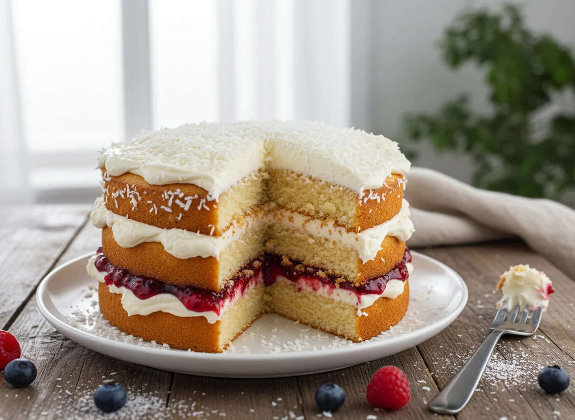 Layered Sponge Cake with Cream and Berry Filling photo