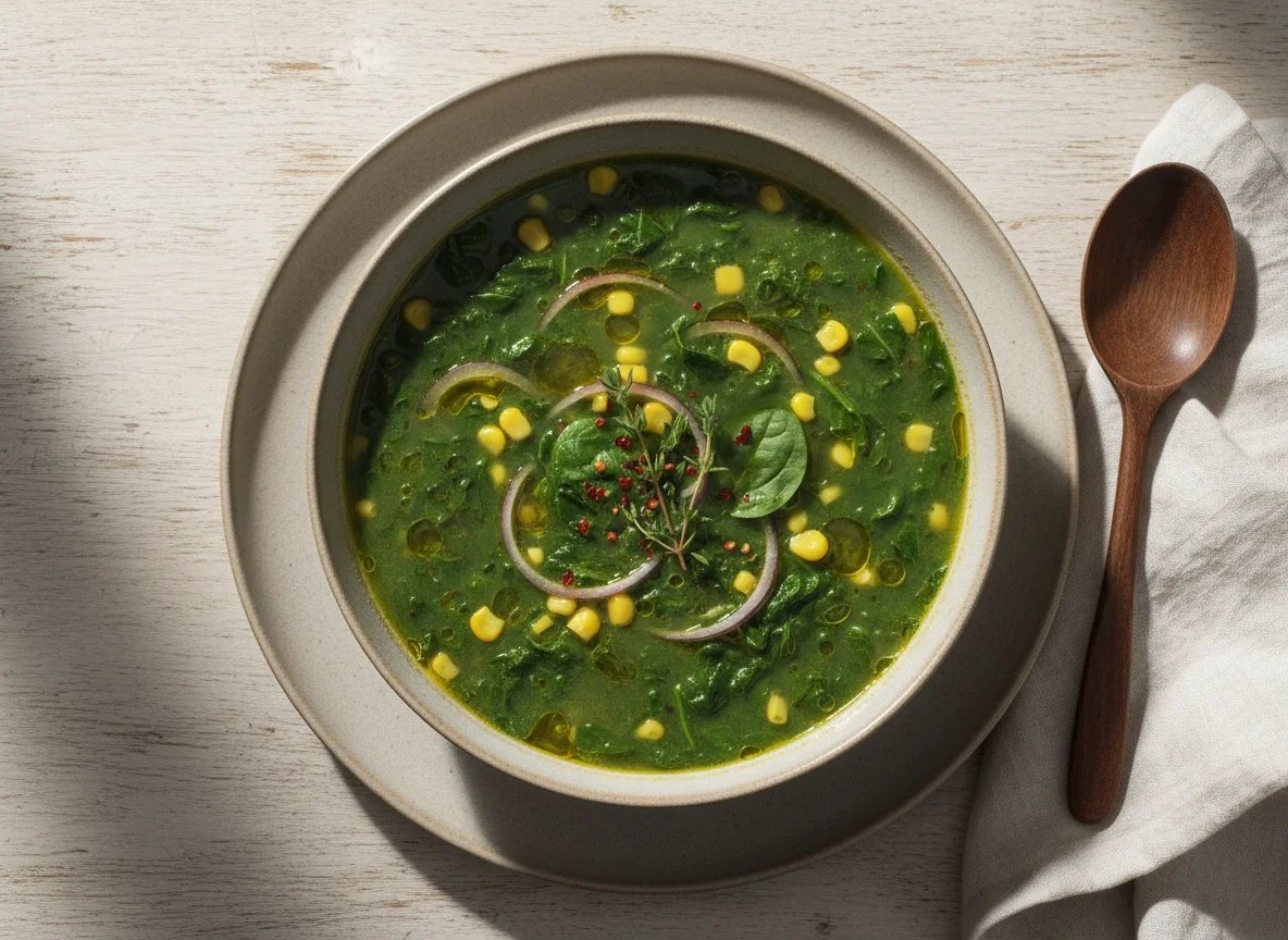 Leafy Green Vegetable Soup with Corn and Onion photo