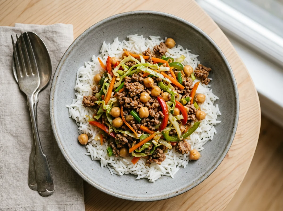 Lean Mince, Chickpea Stir-fry and Rice Bowl photo