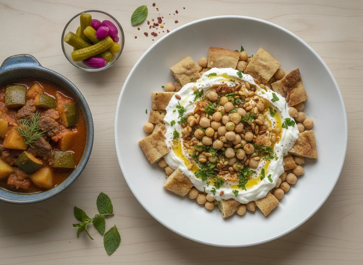 Lebanese Meal with Fatteh, Stew, and Pickles photo