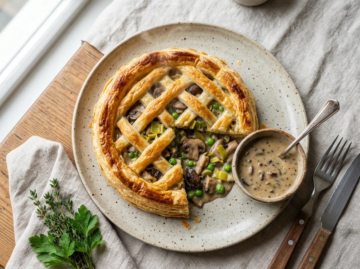 Leek and mushroom pie with cream of mushroom soup sauce photo