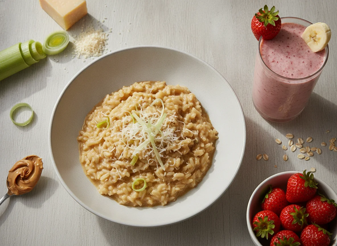 Leek risotto with cheese and strawberry cottage cheese smoothie photo
