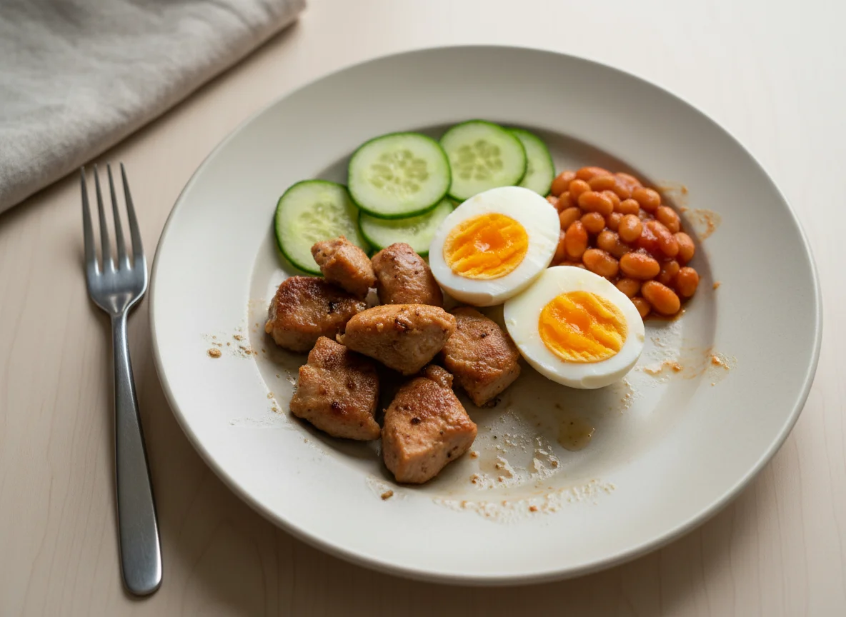 Leftover meal with meat, egg, and cucumber photo