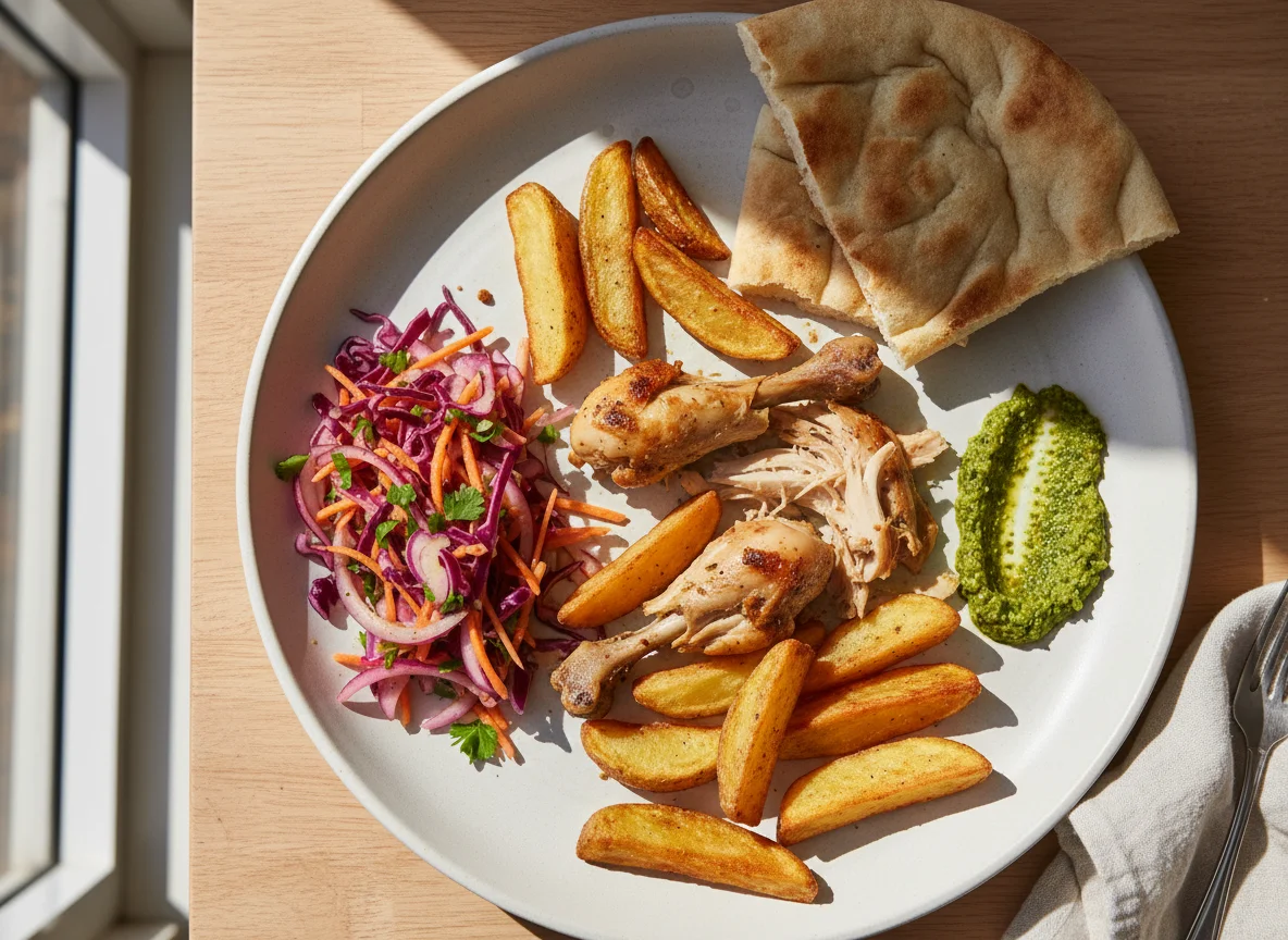 Leftovers of Chicken, Fries, Salad, Bread and Harissa photo