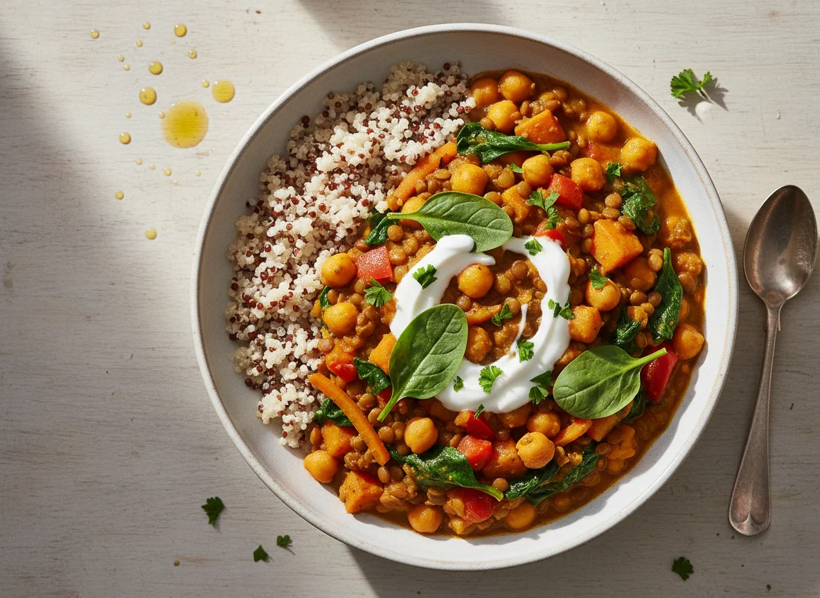 Lentil and Chickpea Curry with Spinach and Yogurt photo