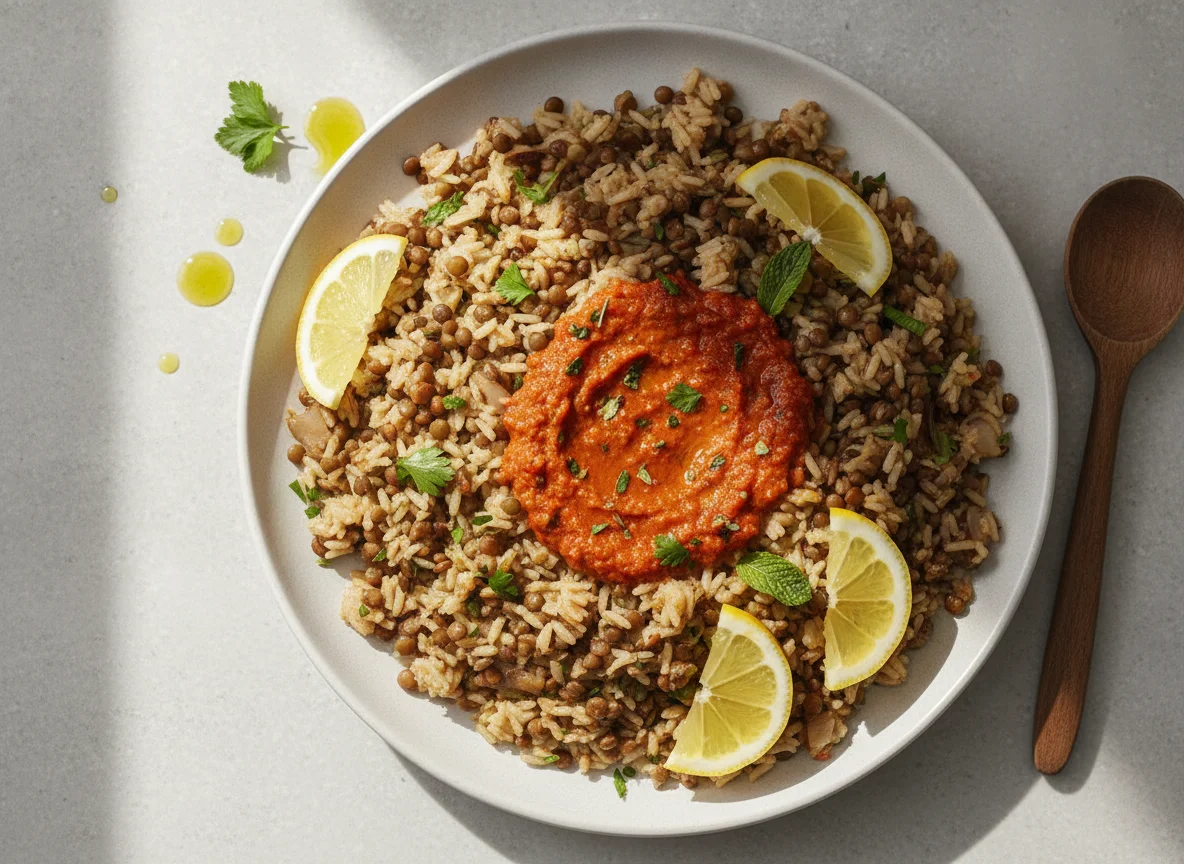 Lentil and Rice Pilaf with Tomato Sauce and Lemon photo
