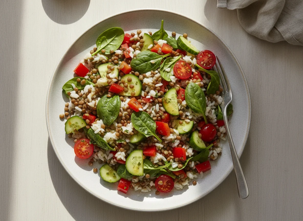 Lentil and Rice Salad with Spinach and Vegetables photo