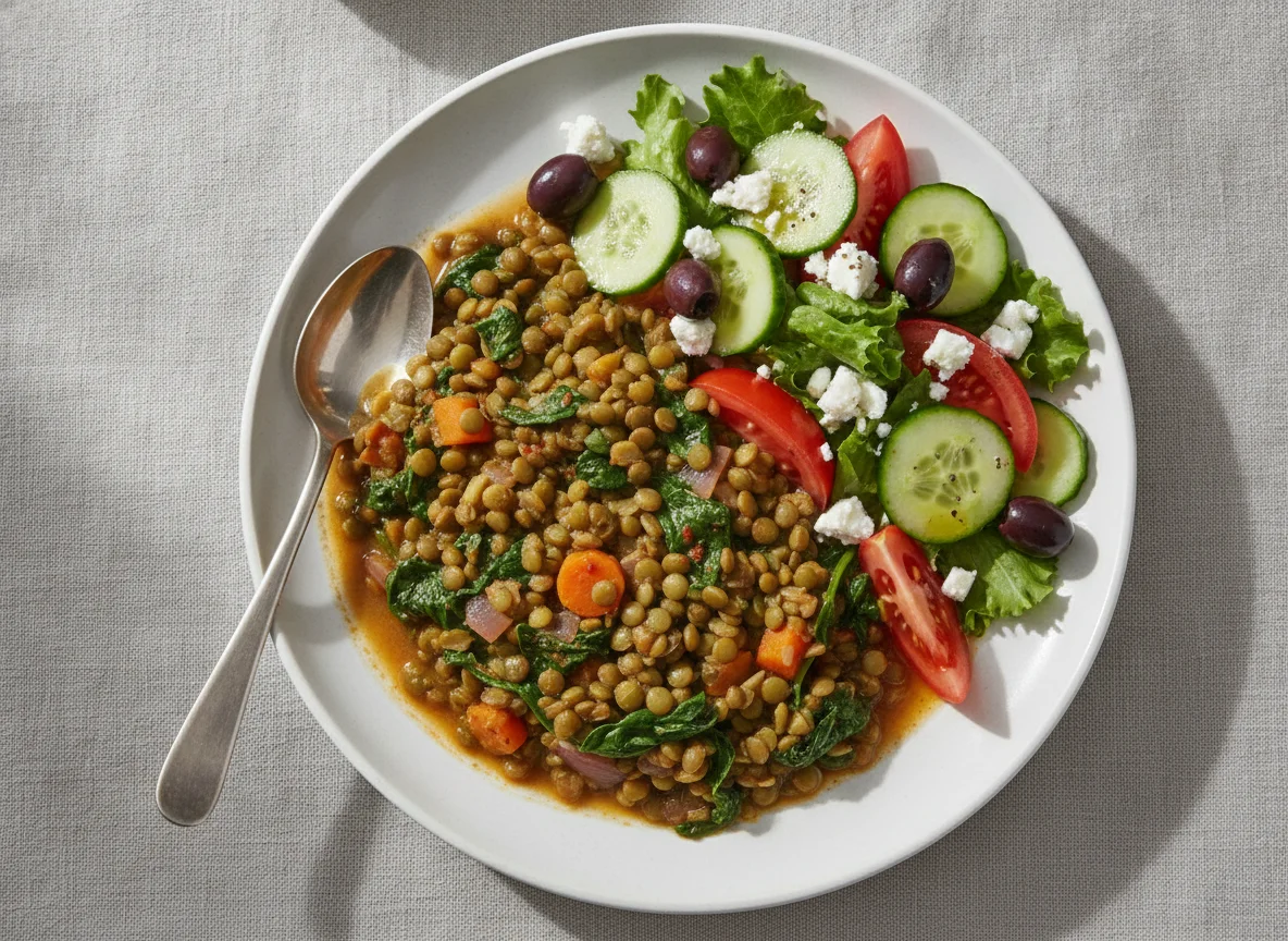 Lentil and Spinach Stew with Greek Salad photo