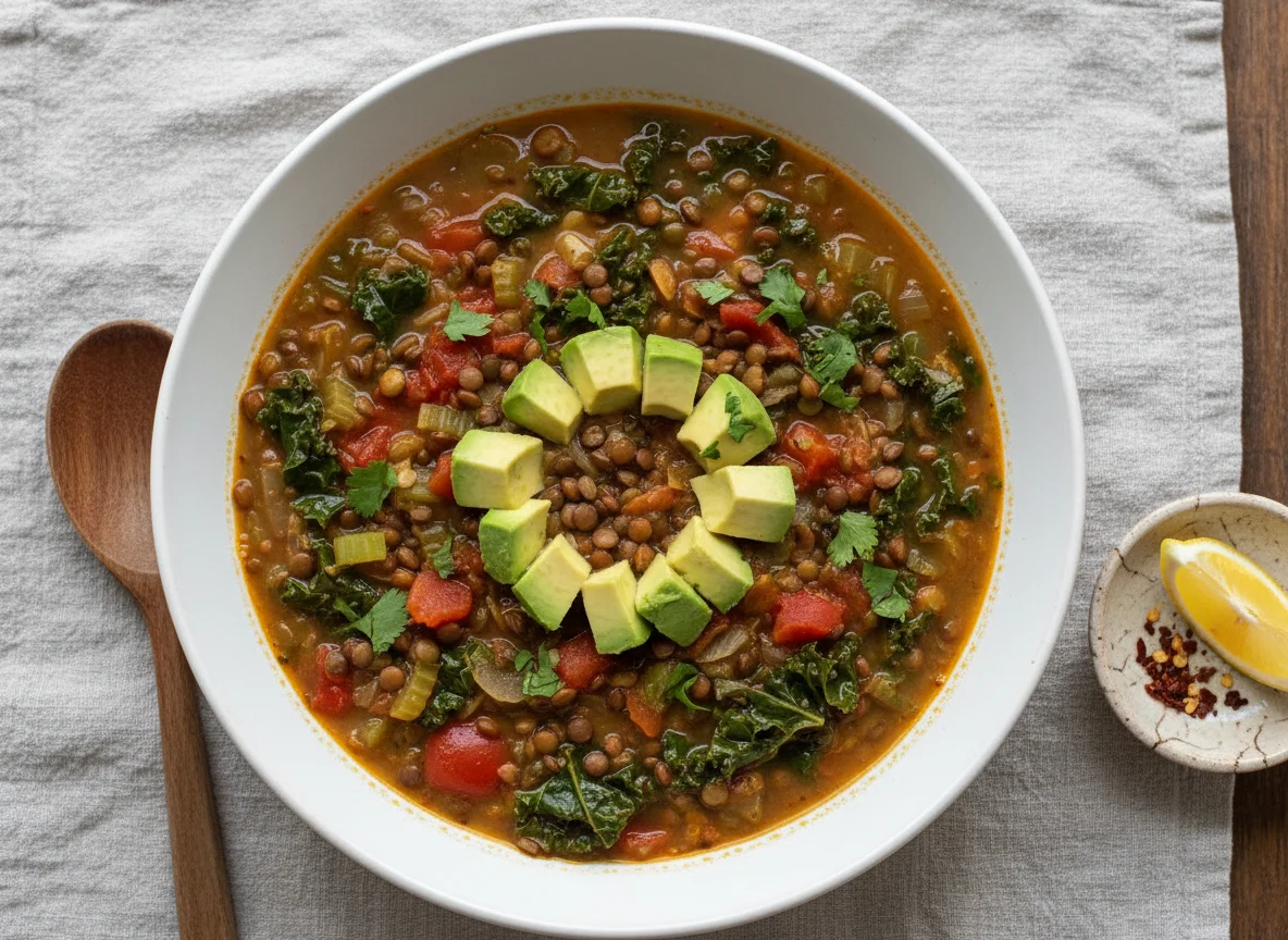 Lentil and Vegetable Soup with Avocado photo
