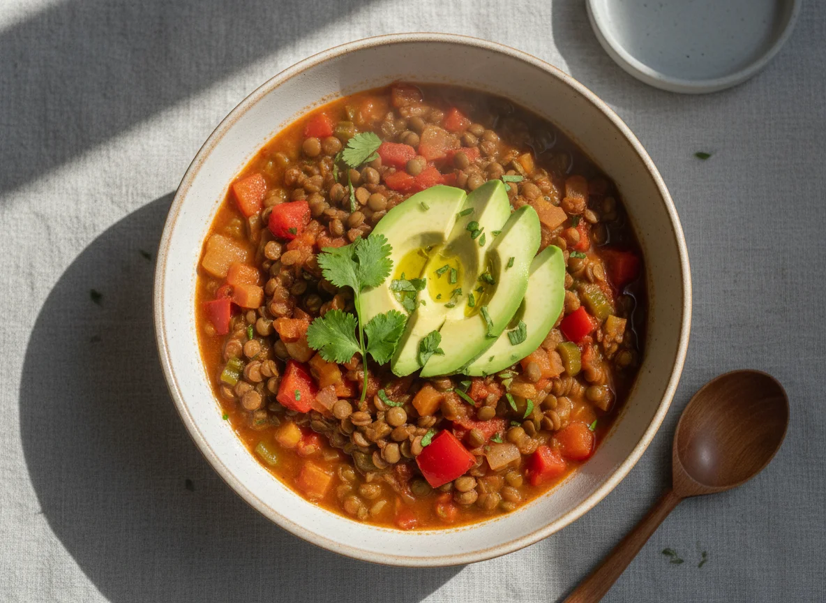 Lentil and Vegetable Stew with Avocado photo