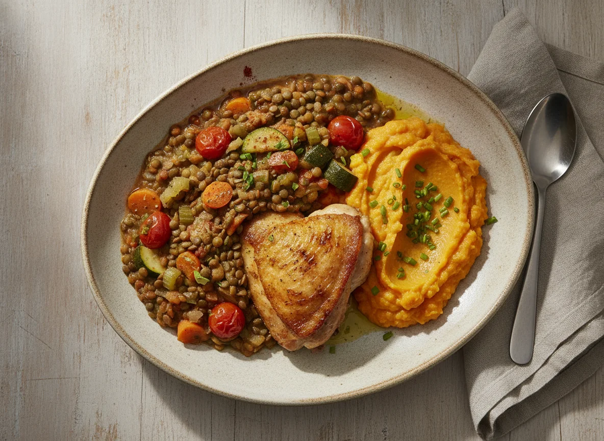 Lentil and Vegetable Stew with Sweet Potato Mash and Chicken photo