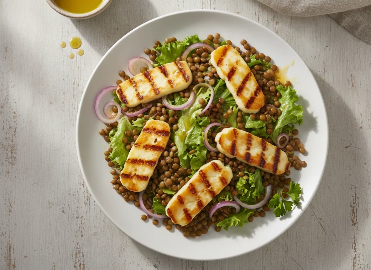 Lentil salad with grilled halloumi photo