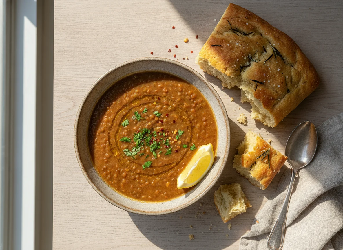 Lentil Soup with Bread and Lemon photo