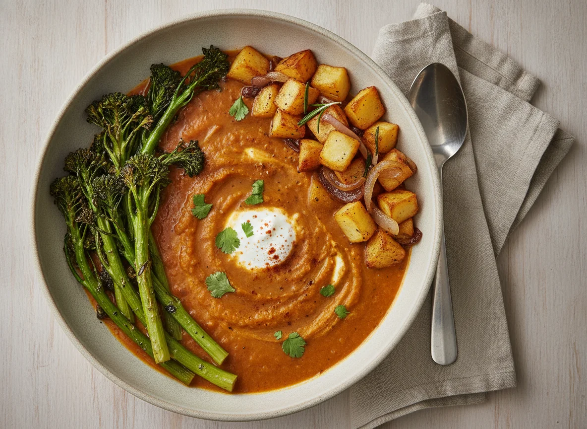 Lentil Soup with Roasted Broccoli and Potato Hash photo