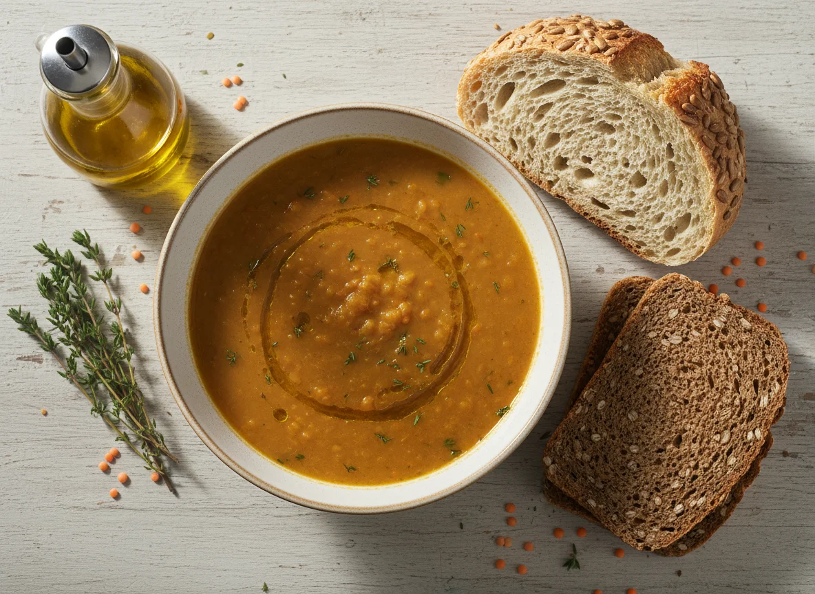 Lentil soup with sourdough and rye bread photo