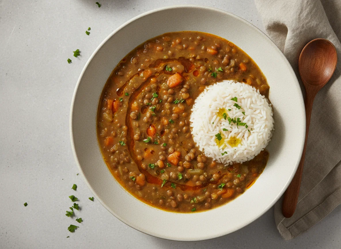 Lentil soup with white rice photo