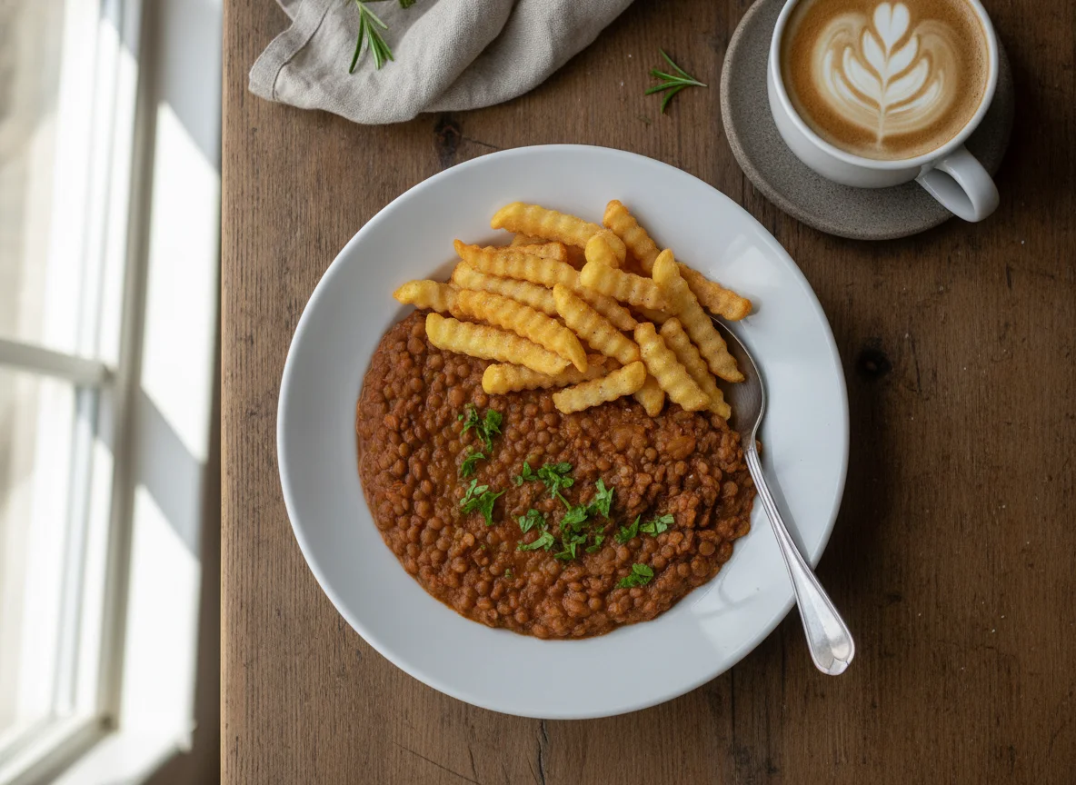 Lentil stew with french fries and coffee photo