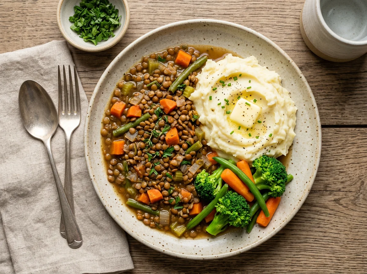 Lentil Stew with Mashed Potatoes and Vegetables photo