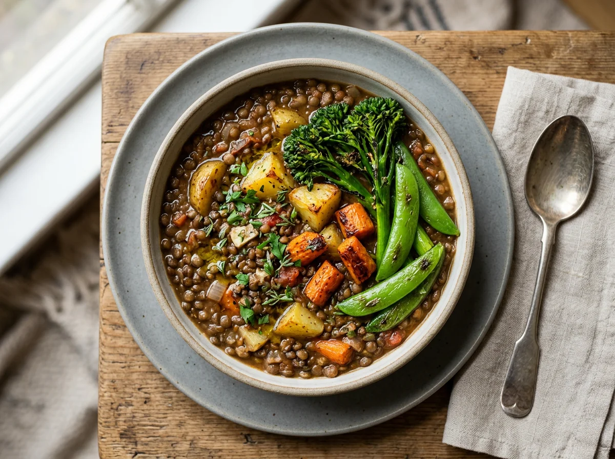 Lentil stew with roasted vegetables and greens photo