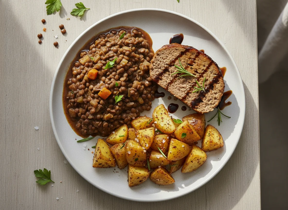 Lentils, Meatloaf, and Roasted Potatoes photo