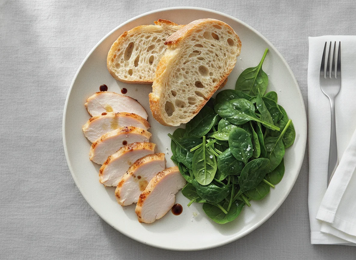 Light lunch with turkey, bread and spinach photo