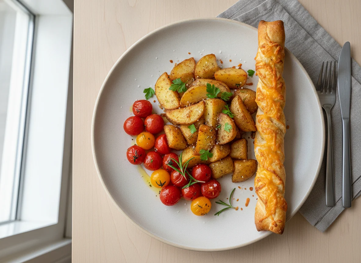 Light meal with potatoes, cherry tomatoes and a bread stick photo