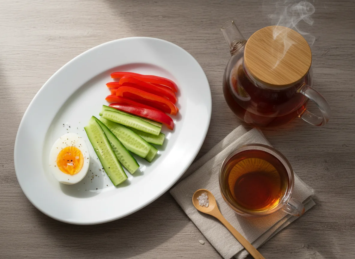 Light snack with eggs, vegetables and tea photo