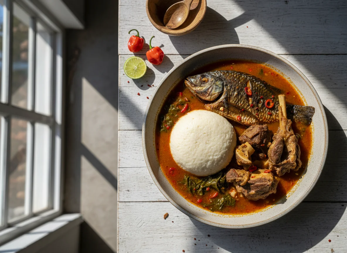 Light Soup with Fufu and Assorted Meats photo