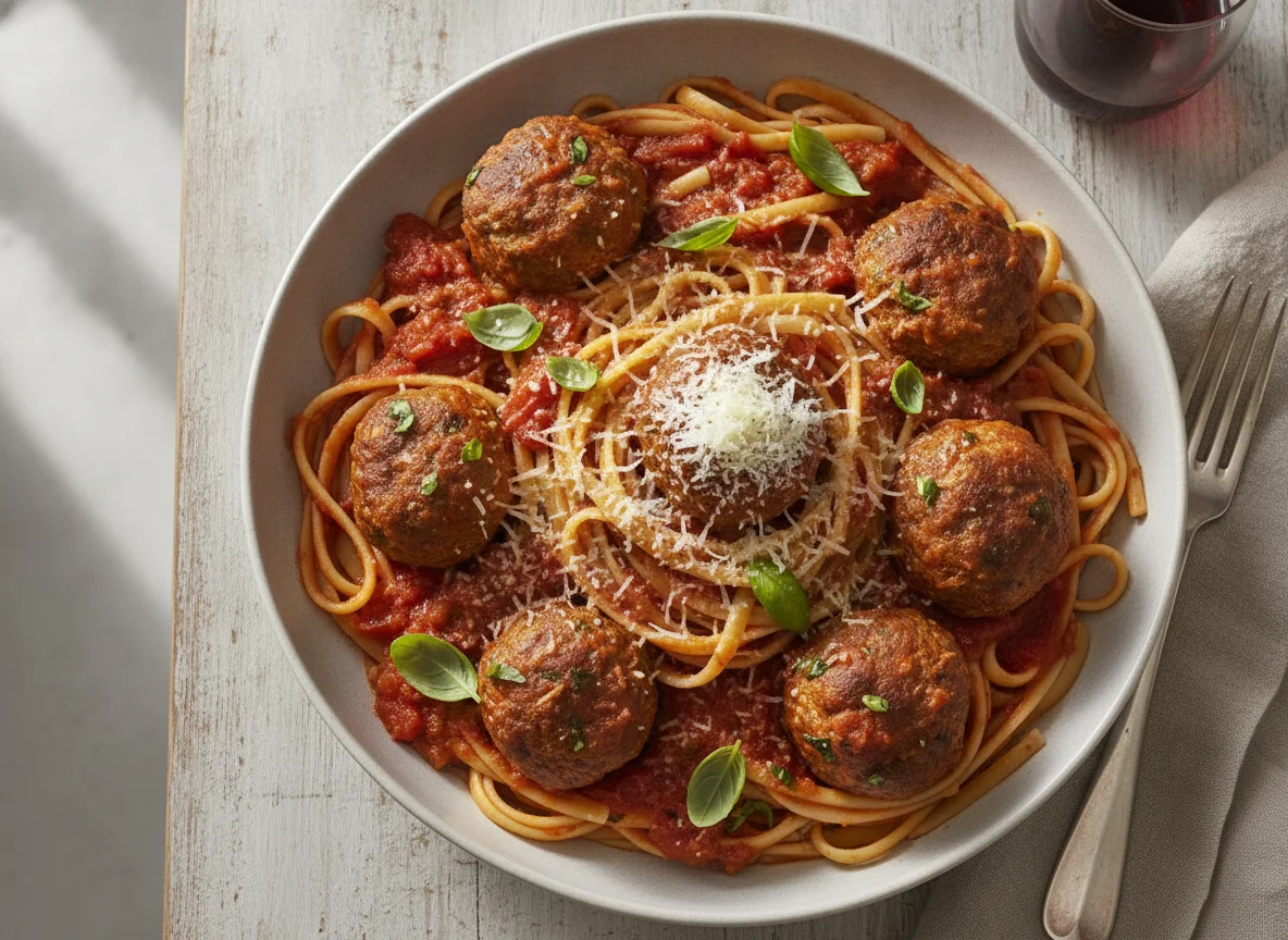 Linguine with Meatballs and Marinara Sauce photo