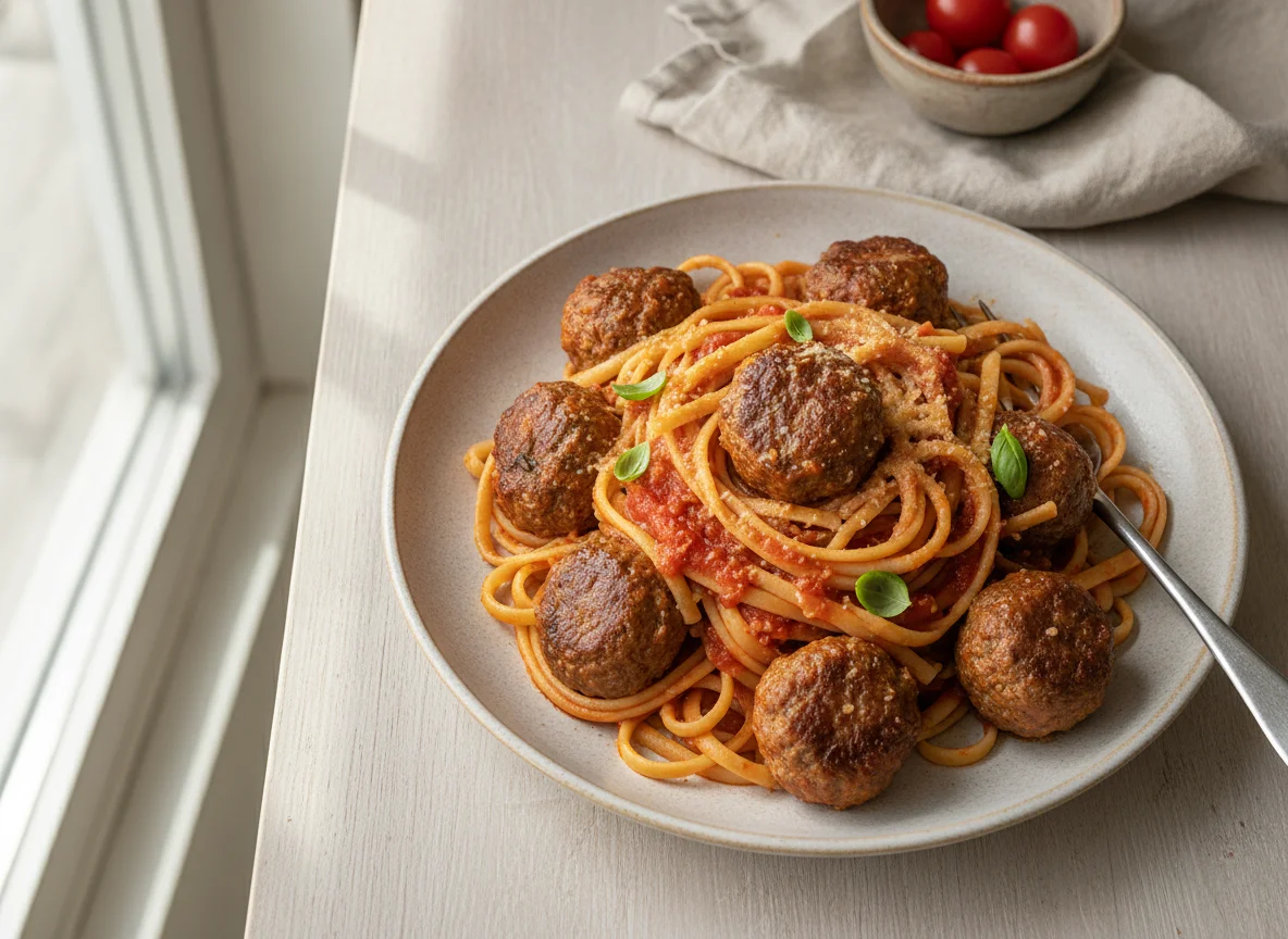 Linguine with Meatballs and Tomato Sauce photo