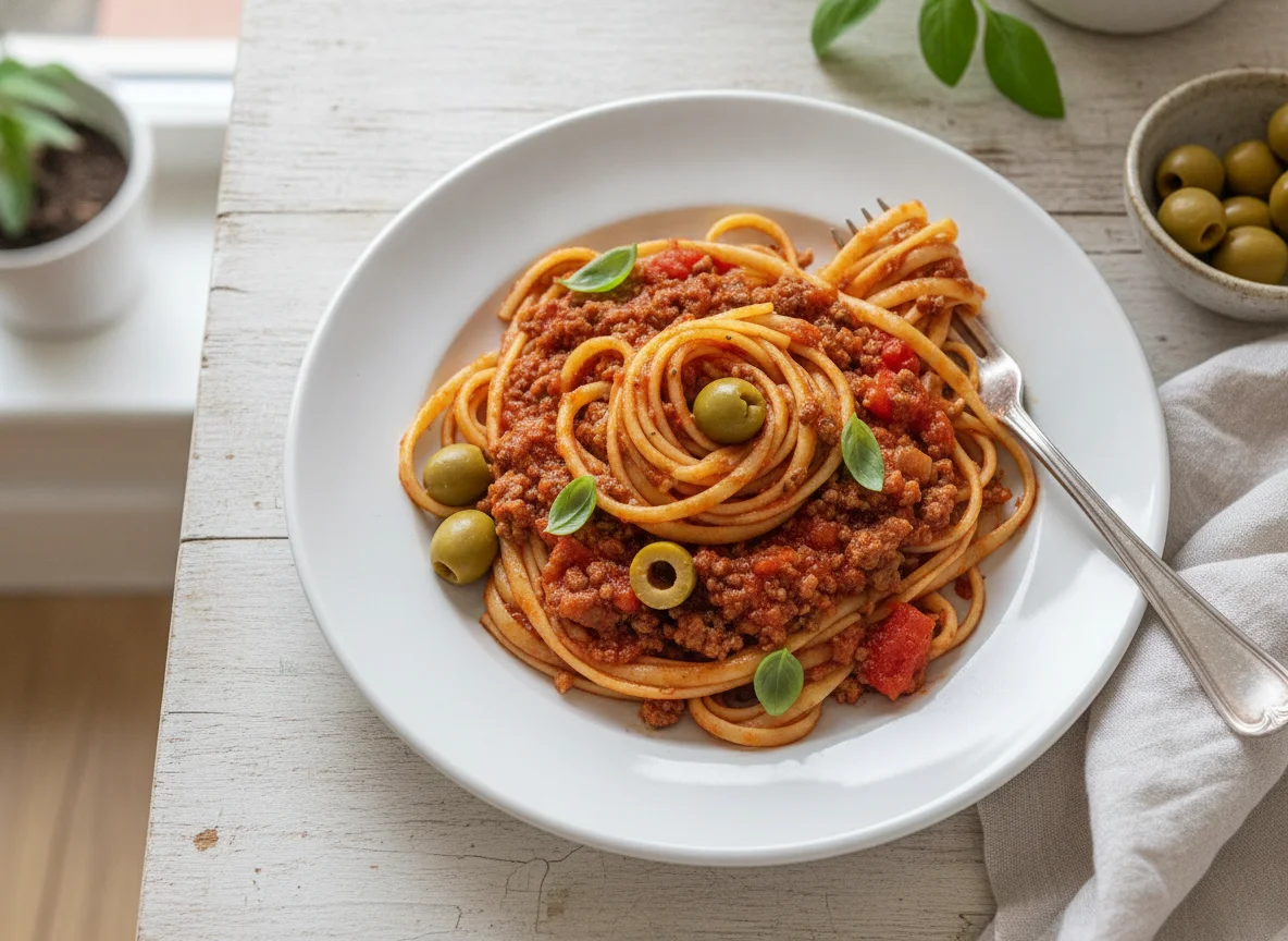 Linguine with Tomato Meat Sauce photo