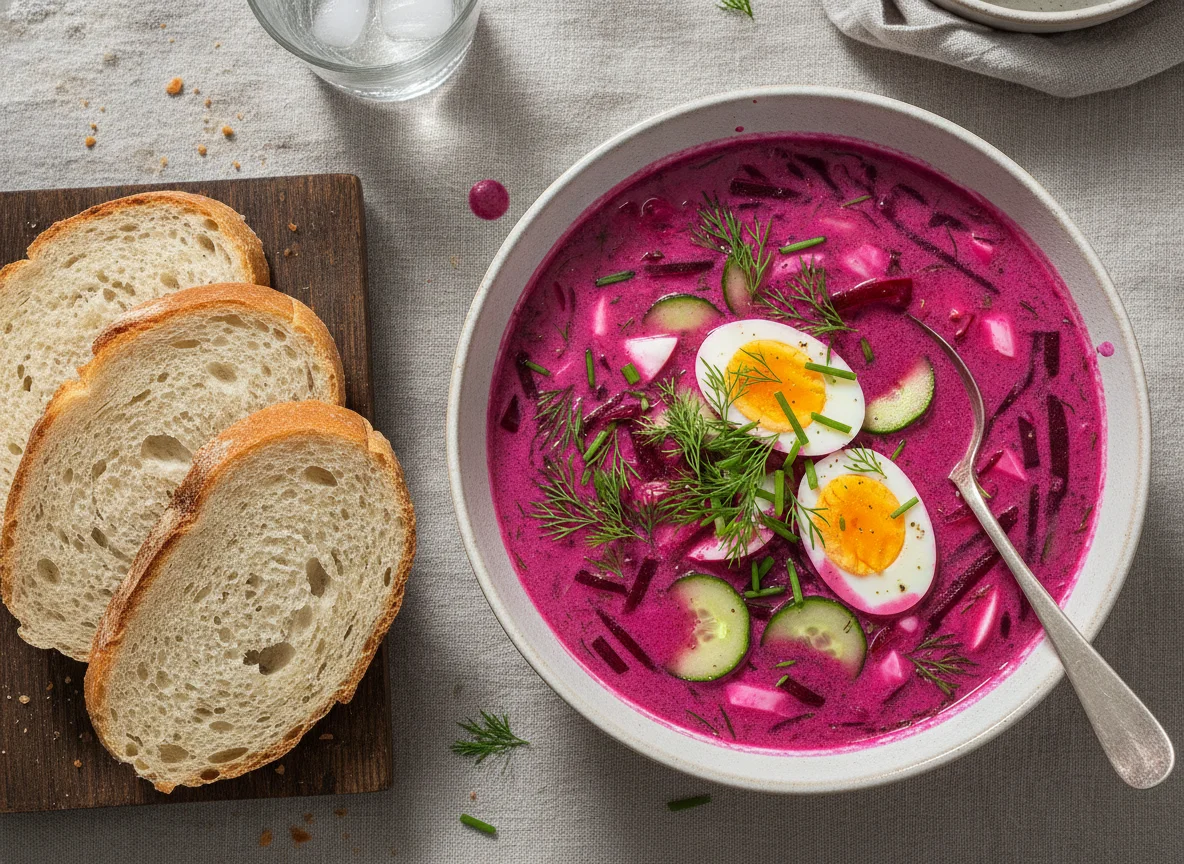 Lithuanian Cold Beetroot Soup (Šaltibarščiai) with White Bread photo