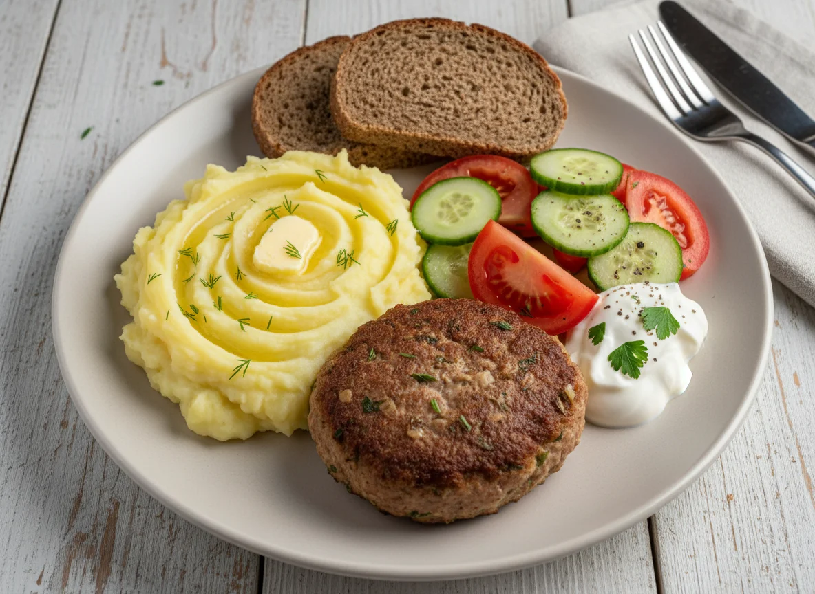 Lithuanian style meal with meat patty, mashed potatoes, and salad photo