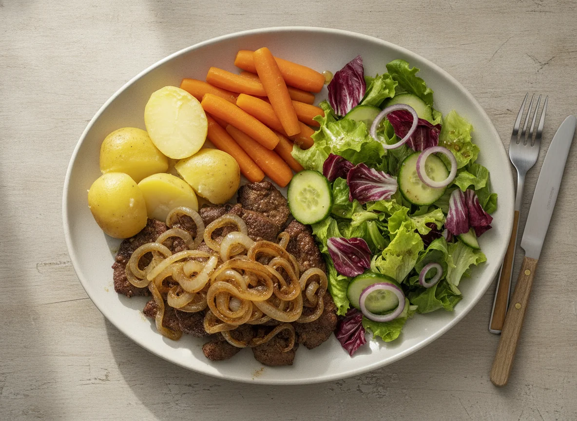 Liver and Onions with Boiled Potatoes, Carrots and Mixed Salad photo